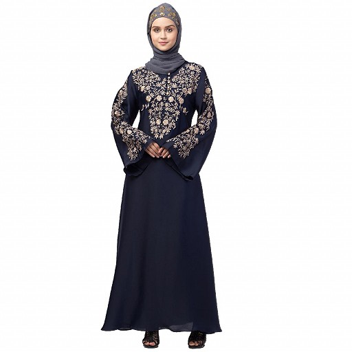 A-line party wear abaya with Resham embroidery work- Navy Blue